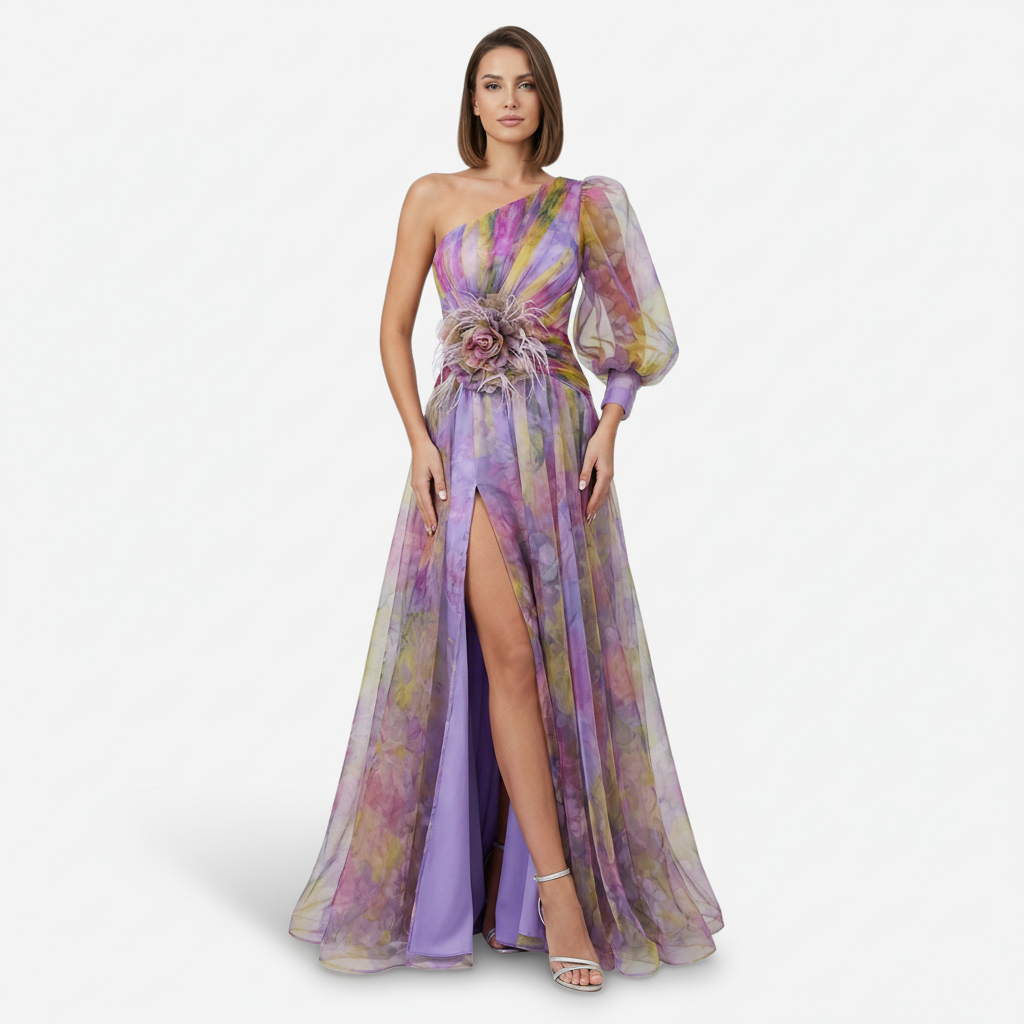 NOMU | Women's Floral One-Shoulder Evening Gown – Elegant High Slit Maxi Dress