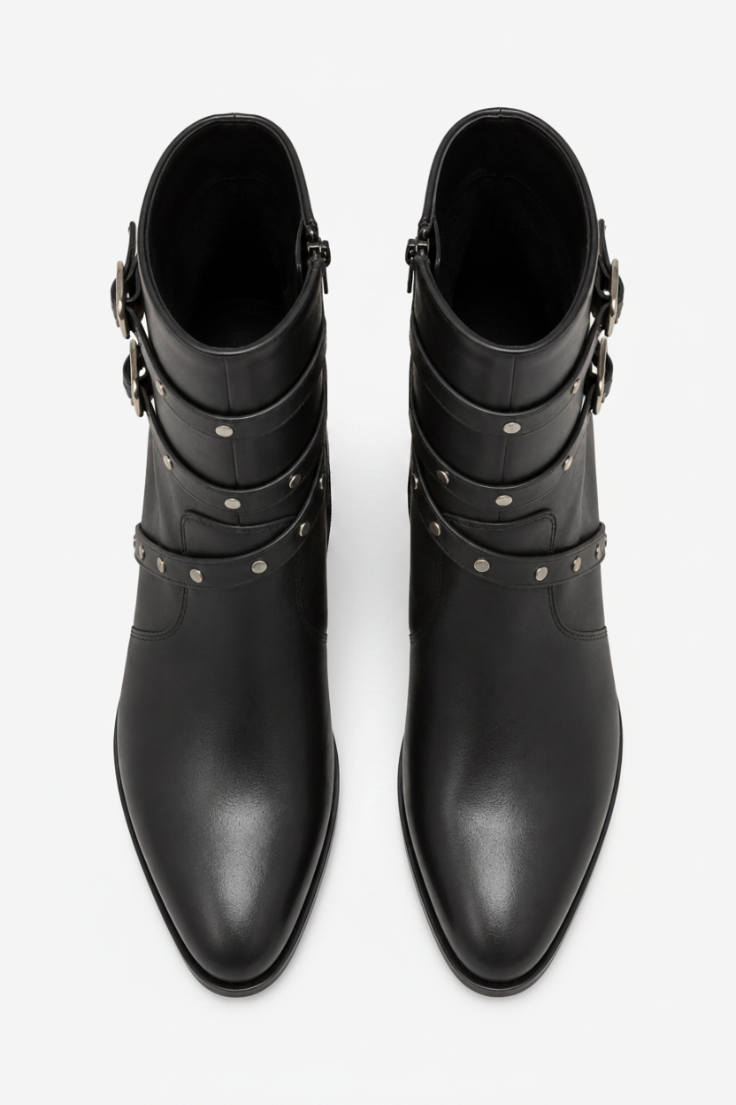 NOMU | Women's Buckled Strap Ankle Boots – Modern Studded Block Heel Boots