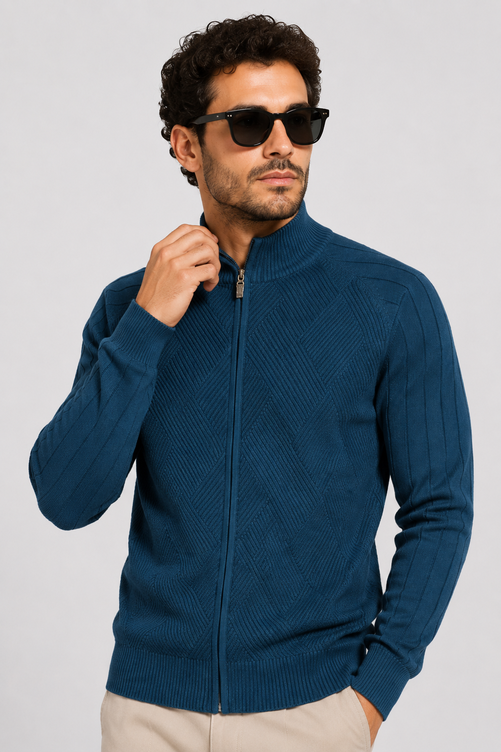 NOMU | Men's Zip-Up Knit Sweater Jacket – Textured Stand Collar Cardigan