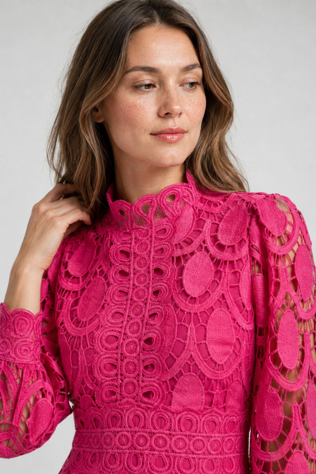 NOMU | Women's Floral Lace Midi Dress – Elegant High Neck Puff Sleeve Party Dress