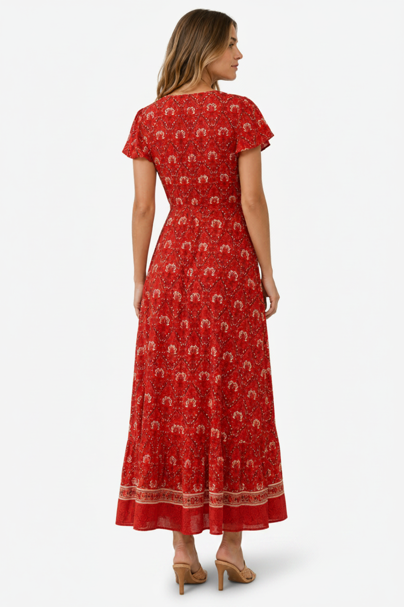NOMU | Women's Printed Midi Dress – V Neck Short Sleeve Wrap Style Side Slit Design