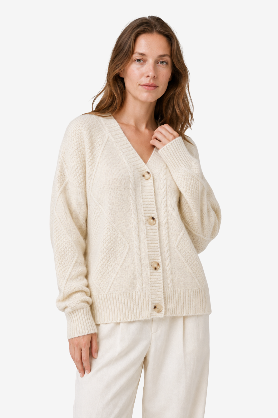 NOMU | Women's Cable Knit Cardigan – V-Neck Button Front Cozy Design