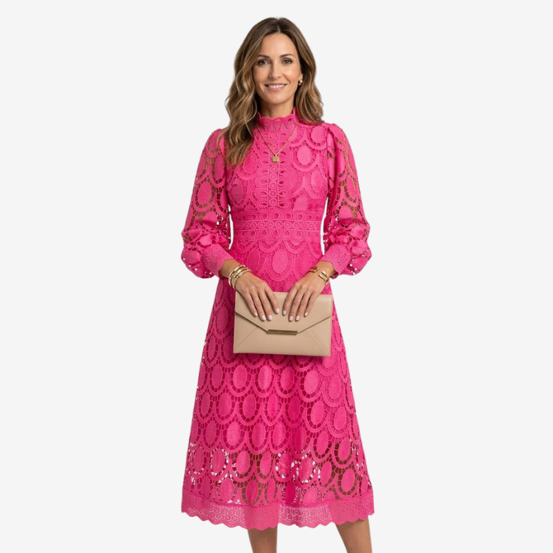 NOMU | Women's Floral Lace Midi Dress – Elegant High Neck Puff Sleeve Party Dress