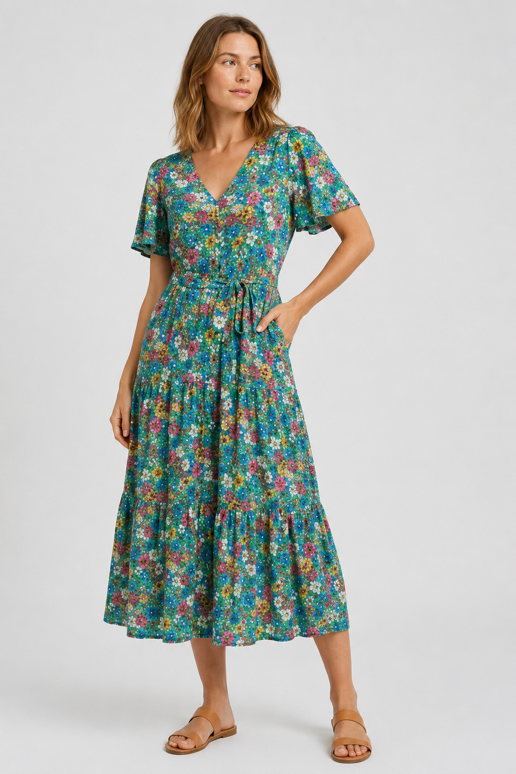 NOMU | Women's Floral Midi Dress – V Neck Short Sleeve Tie Waist Design