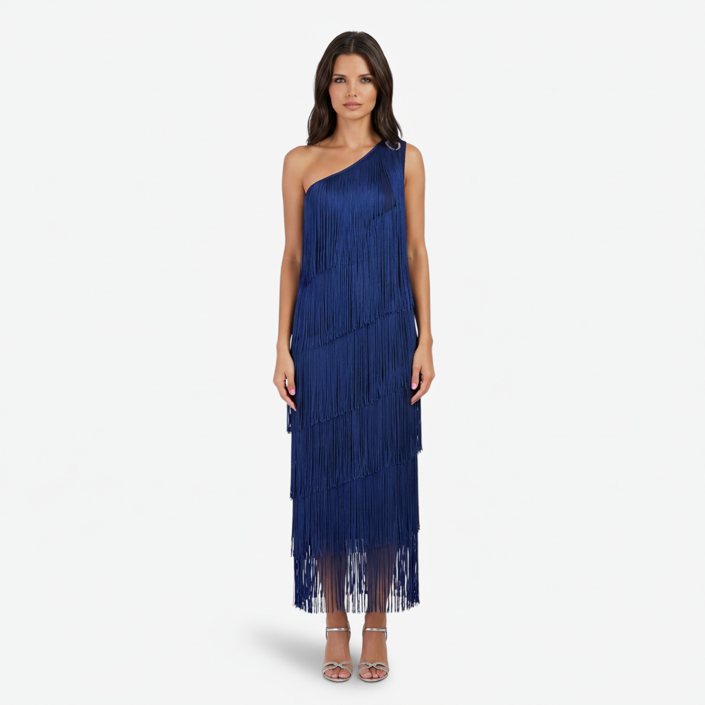 NOMU | Women's Fringe Maxi Dress – One Shoulder Layered Tassel Design