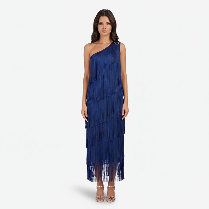NOMU | Women's Fringe Maxi Dress – One Shoulder Layered Tassel Design