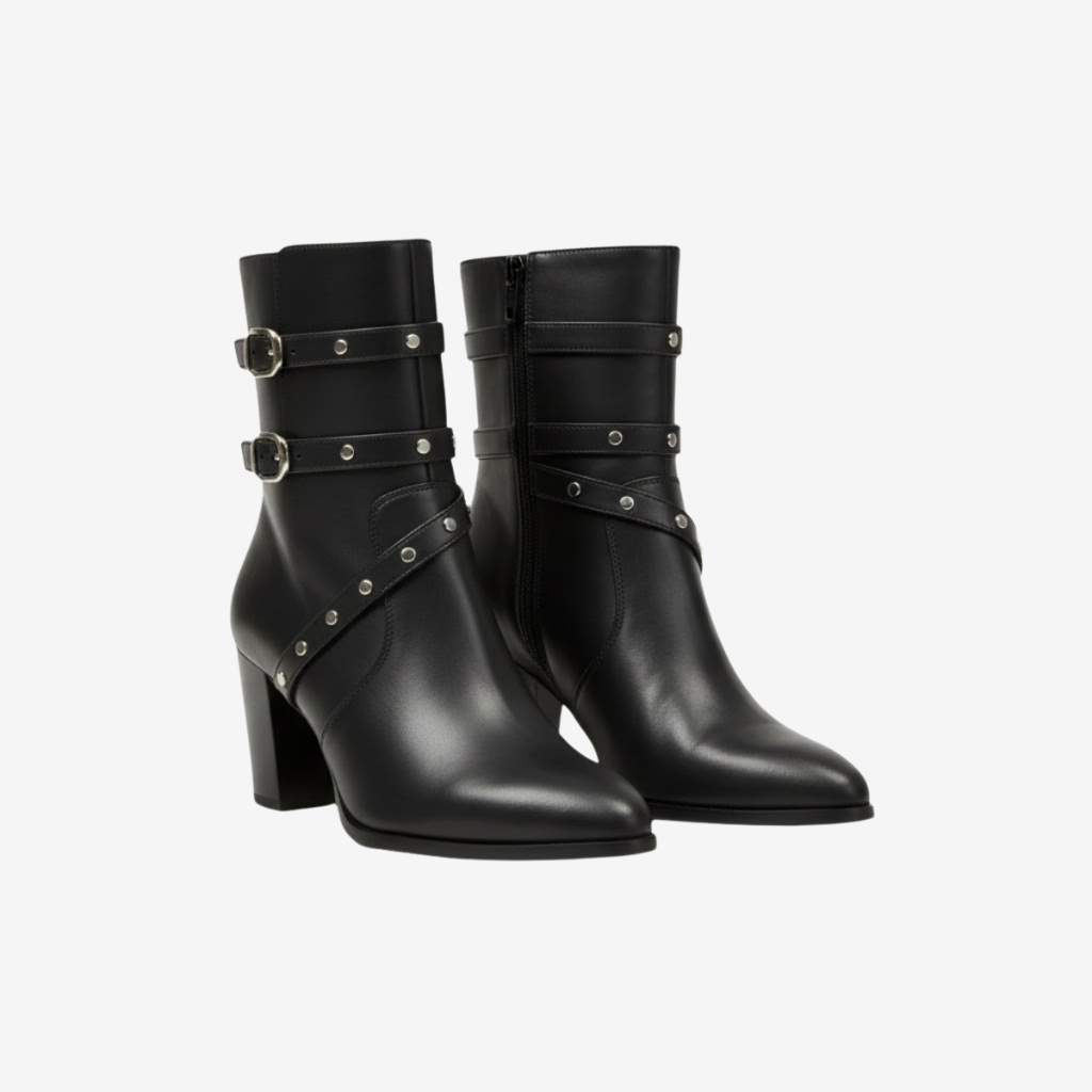 NOMU | Women's Buckled Strap Ankle Boots – Modern Studded Block Heel Boots