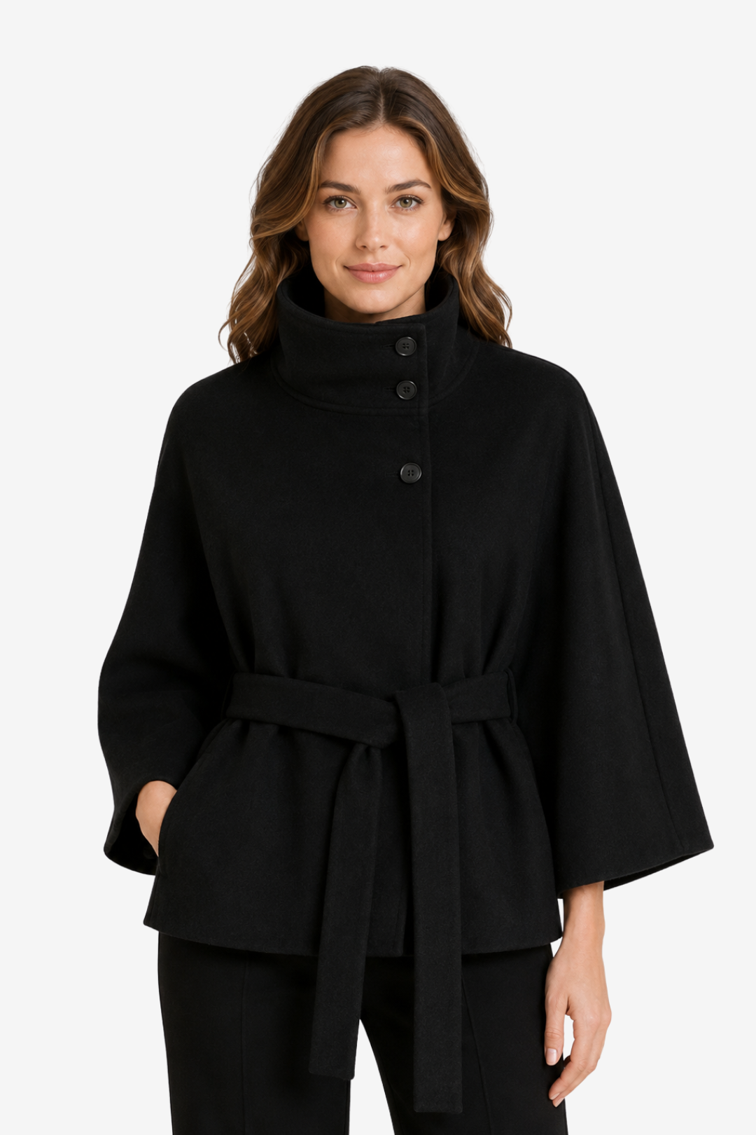 NOMU | Women's Belted Cape Coat – High Collar Wide Sleeve Design