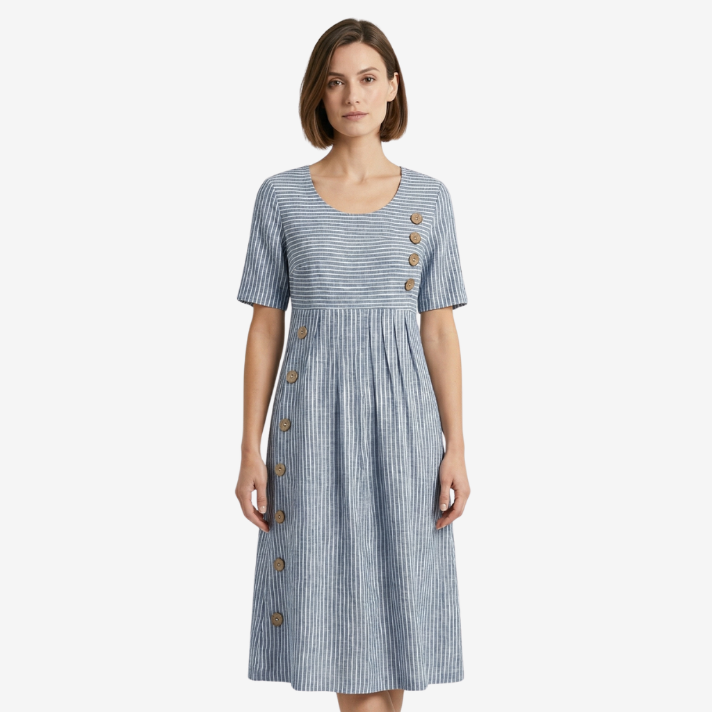 NOMU | Women's Striped Button Detail Midi Dress – Casual Short Sleeve Linen Look Dress