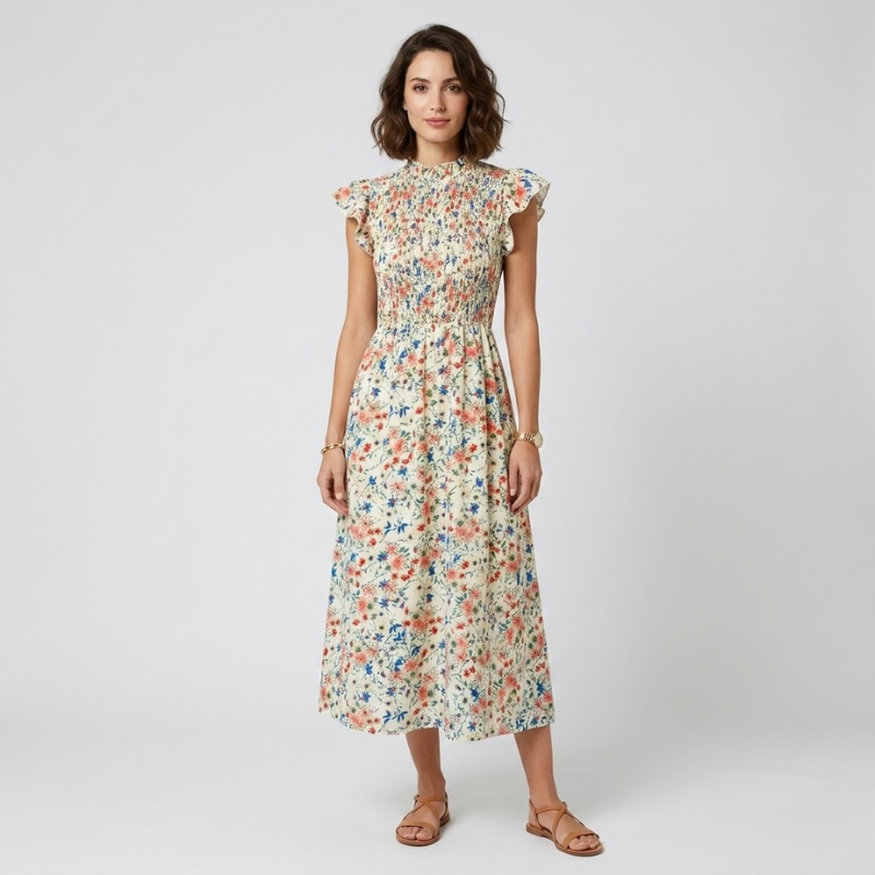 NOMU | Women's Floral Midi Dress – High Neck Flutter Sleeve Smocked Waist Design