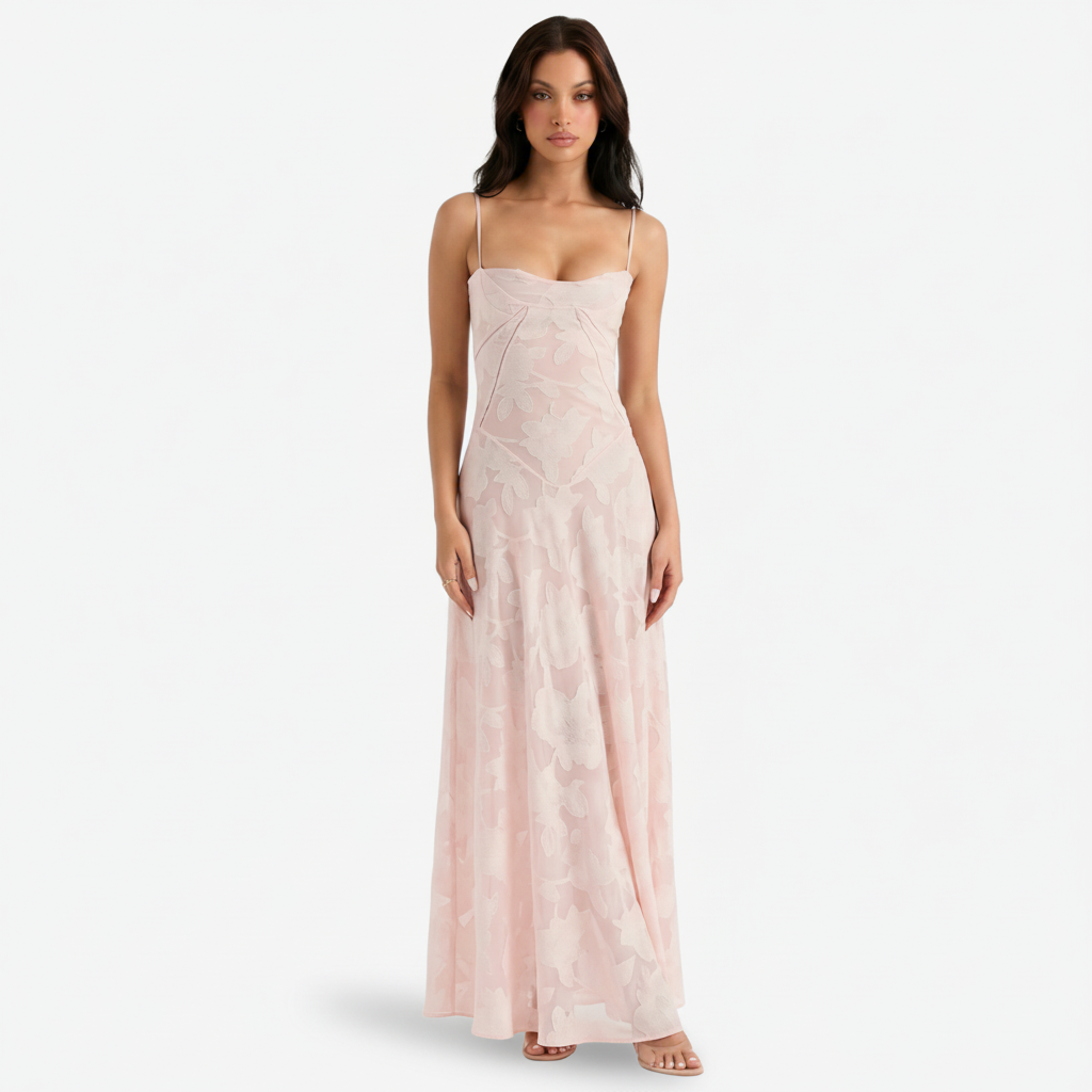 NOMU | Women's Mesh Maxi Dress – Spaghetti Strap Floral Overlay Fitted Design