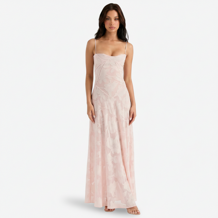 NOMU | Women's Mesh Maxi Dress – Spaghetti Strap Floral Overlay Fitted Design