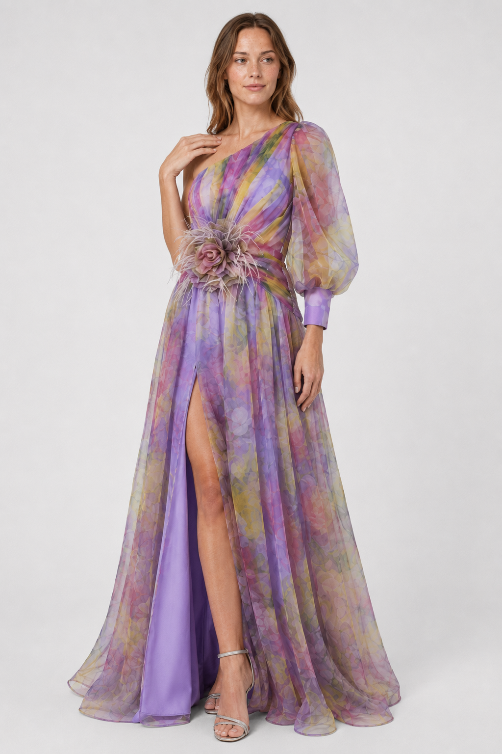 NOMU | Women's Floral One-Shoulder Evening Gown – Elegant High Slit Maxi Dress