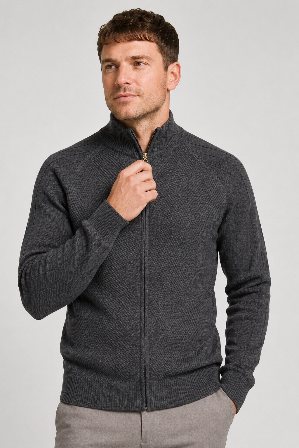 NOMU | Men's Zip-Up Knit Sweater Jacket – Textured Stand Collar Cardigan