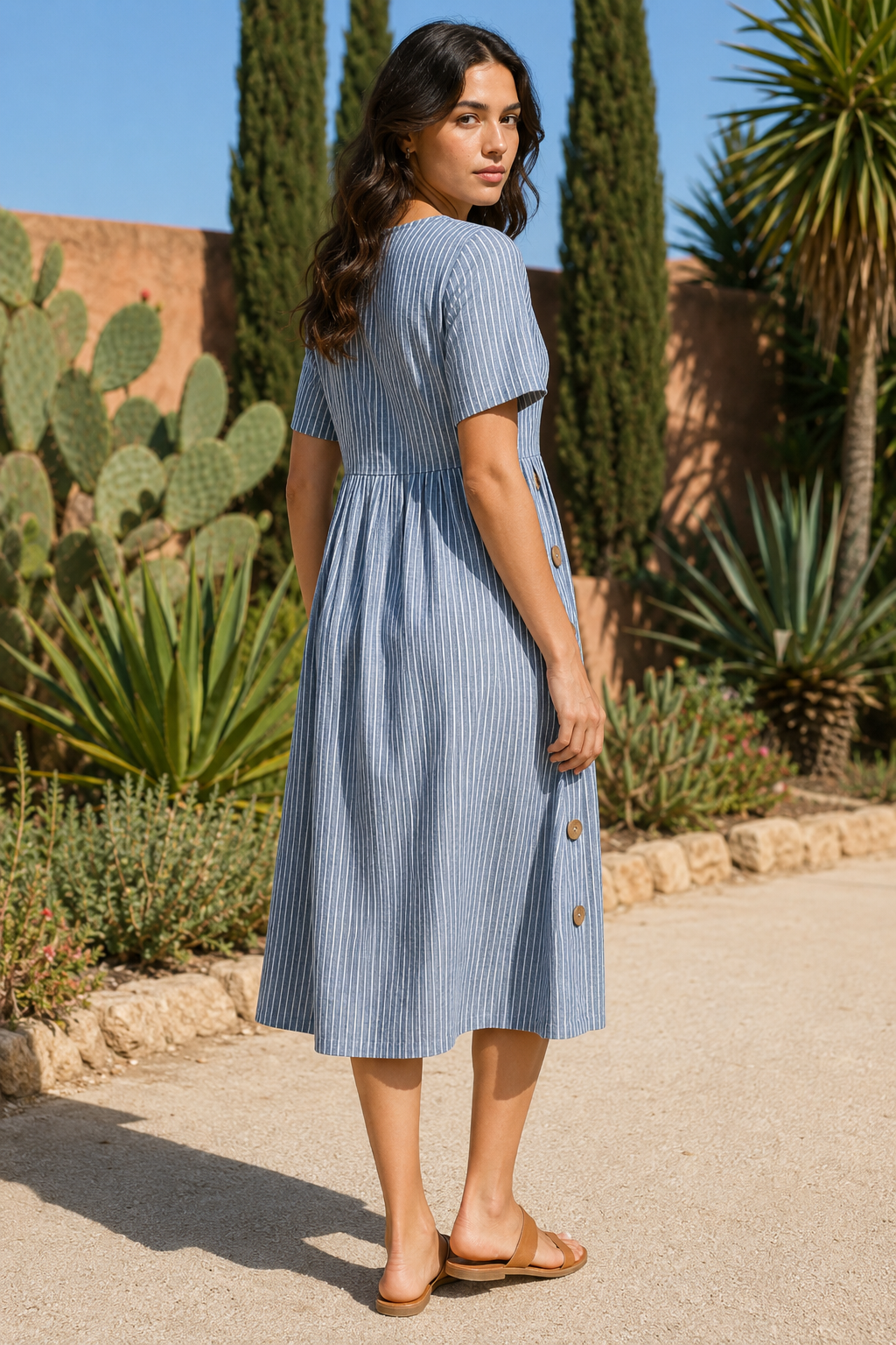 NOMU | Women's Striped Button Detail Midi Dress – Casual Short Sleeve Linen Look Dress