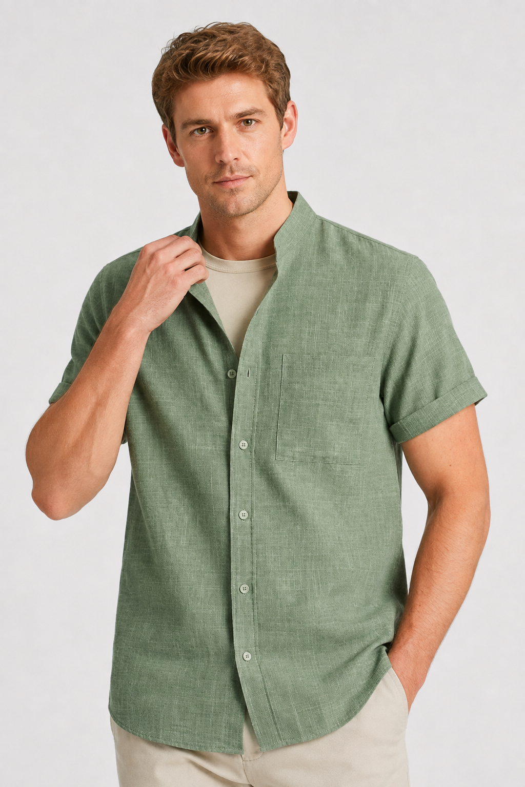NOMU | Men’s Short Sleeve Mandarin Collar Button Shirt