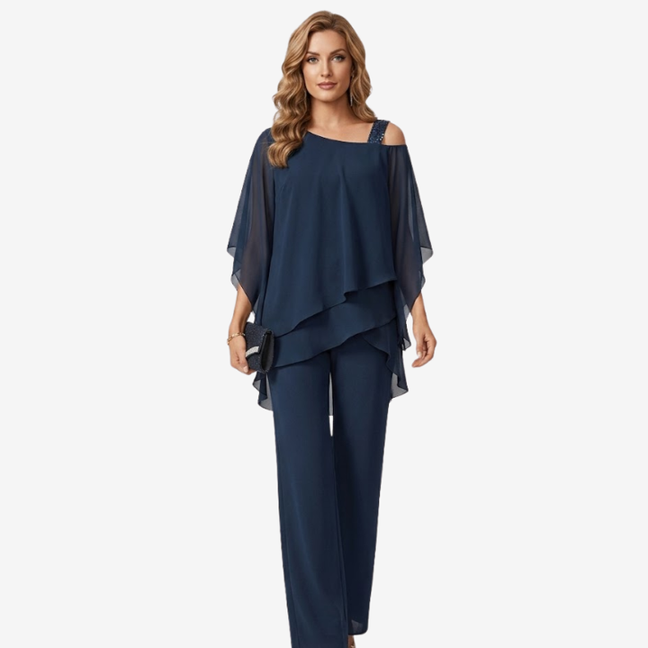 NOMU | Women's Elegant Chiffon Overlay Pant Set – Flowing Evening Two-Piece Outfit