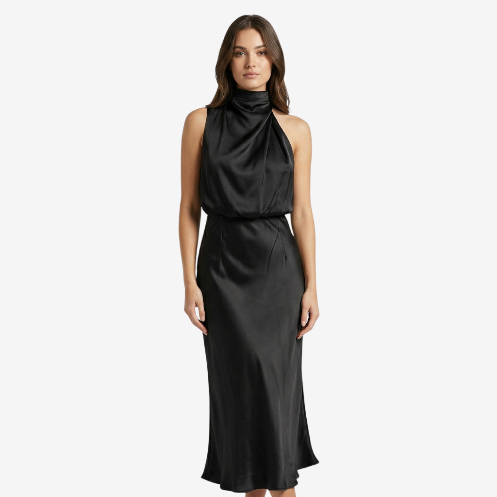 NOMU | Women's Satin High Neck Midi Dress – Elegant Sleeveless Evening Slip Dress