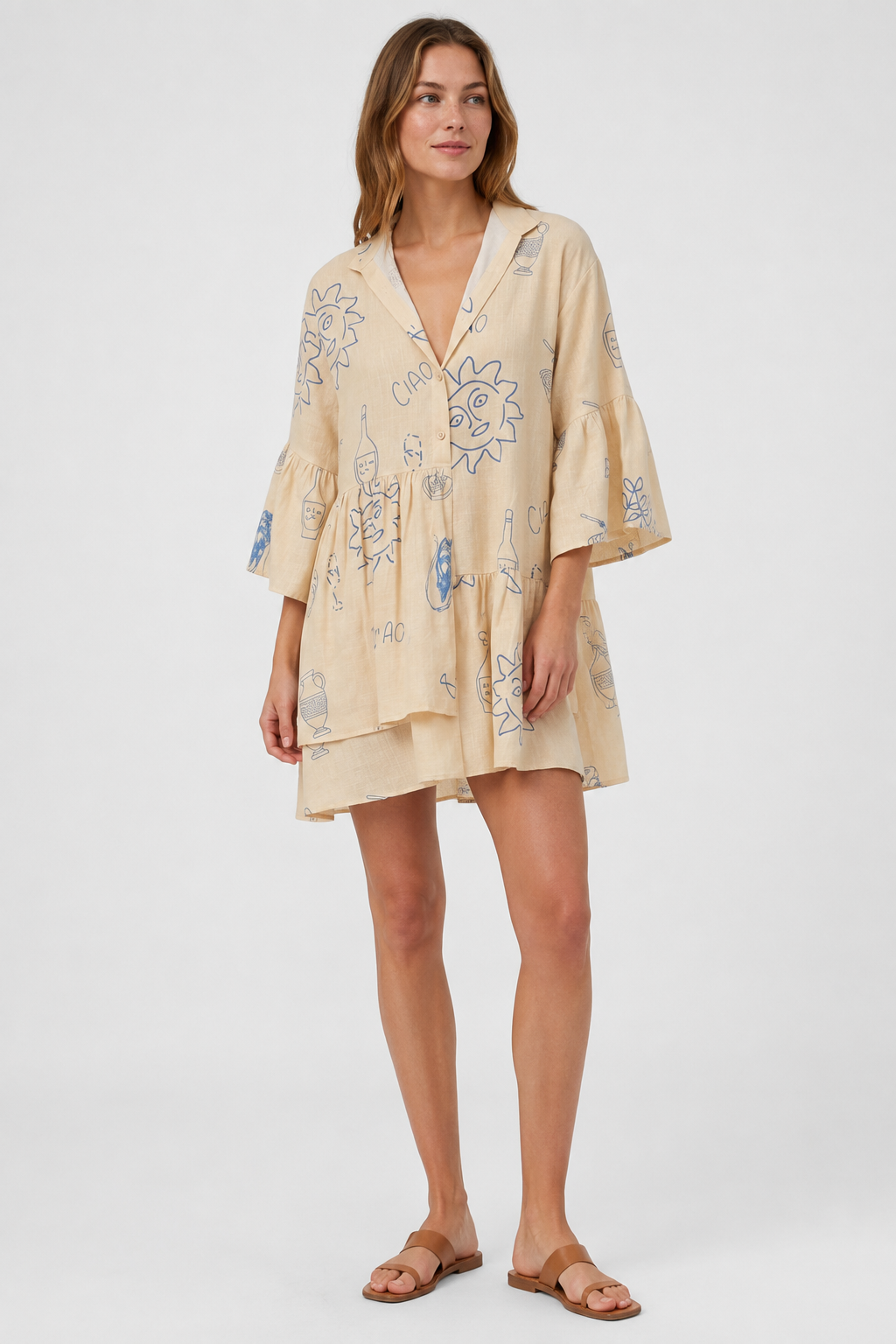 NOMU | Women's Printed Mini Dress – V Neck Button Front Tiered Loose Fit Design