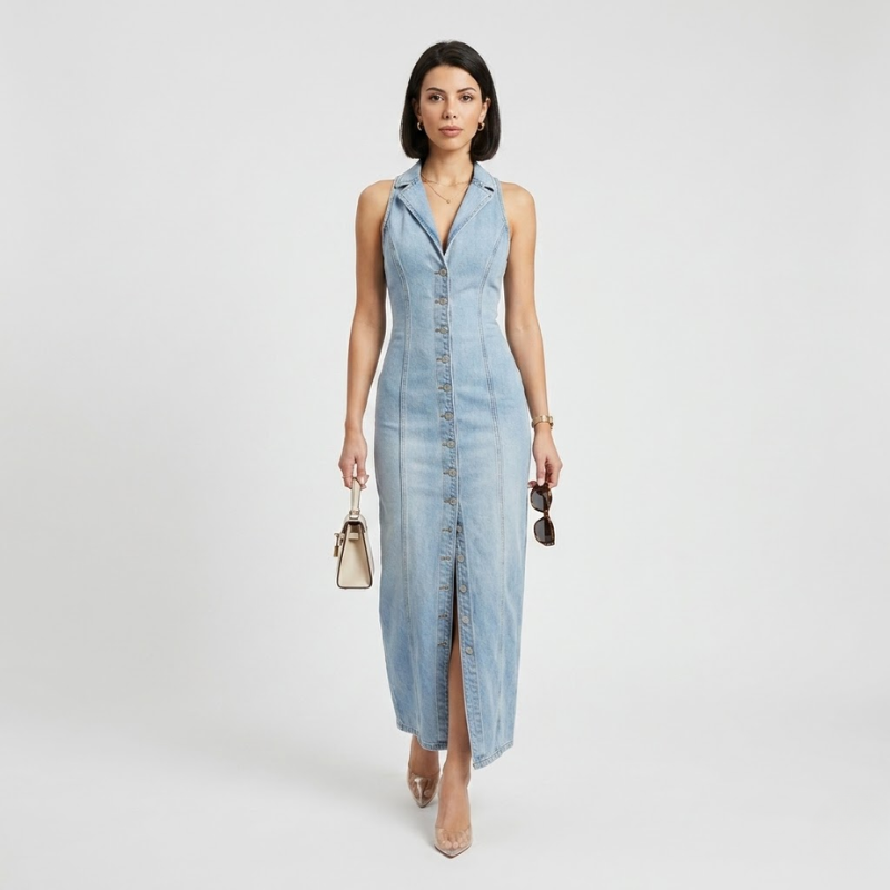 NOMU | Women's Denim Midi Dress – Sleeveless Button Front Fitted Design