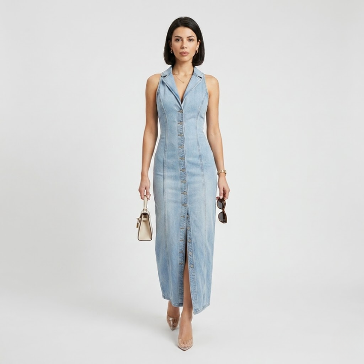 NOMU | Women's Denim Midi Dress – Sleeveless Button Front Fitted Design