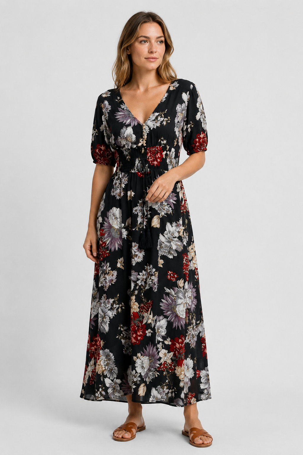NOMU | Women's Floral Maxi Dress – V Neck Short Sleeve Relaxed Fit Design