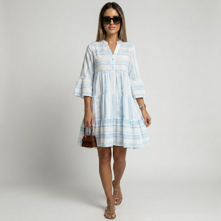 NOMU | Women's Printed Mini Dress – V Neck Button Front Tiered Loose Fit Design