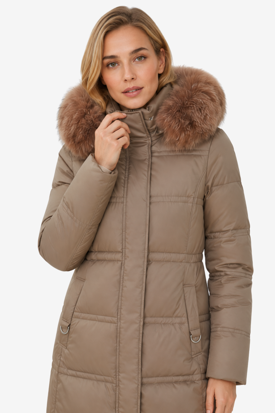 NOMU | Women's Long Puffer Coat – Fitted Waist with Fur Trim Hood