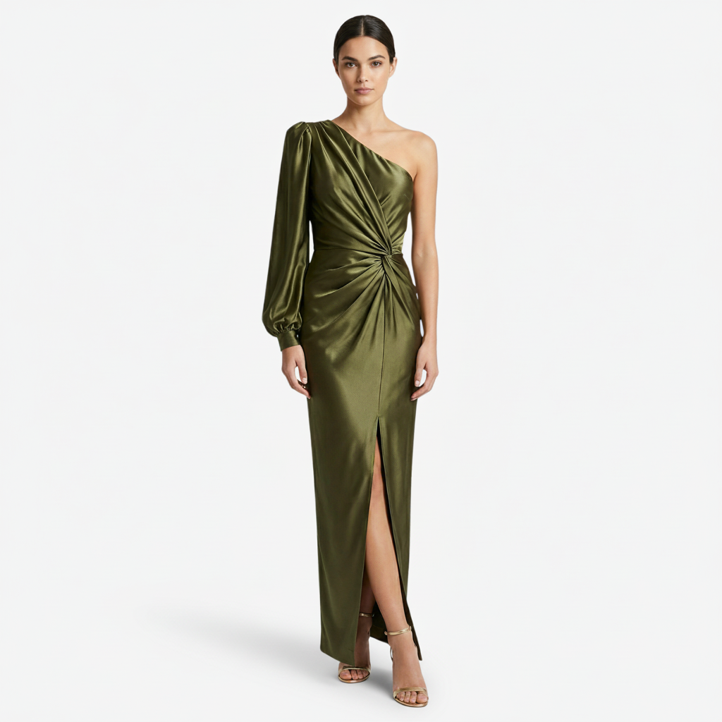 NOMU | Women's One-Shoulder Satin Maxi Dress – Elegant Long Sleeve Evening Dress