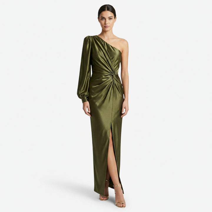 NOMU | Women's One-Shoulder Satin Maxi Dress – Elegant Long Sleeve Evening Dress