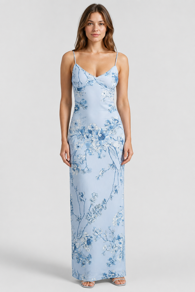 NOMU | Women's Floral Print Satin Maxi Dress – Elegant Spaghetti Strap Slip Dress