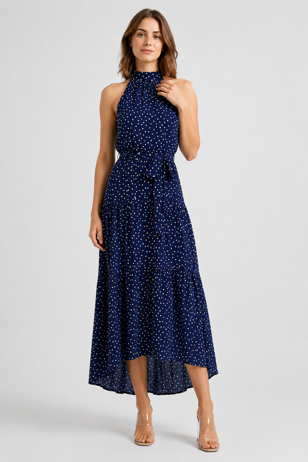 NOMU | Women's Polka Dot Halter Maxi Dress – Elegant Sleeveless Tie Waist Dress
