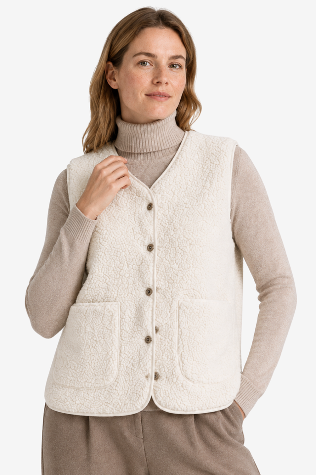 NOMU | Women's Button Front Sleeveless Vest – Textured Fleece with Front Patch Pockets