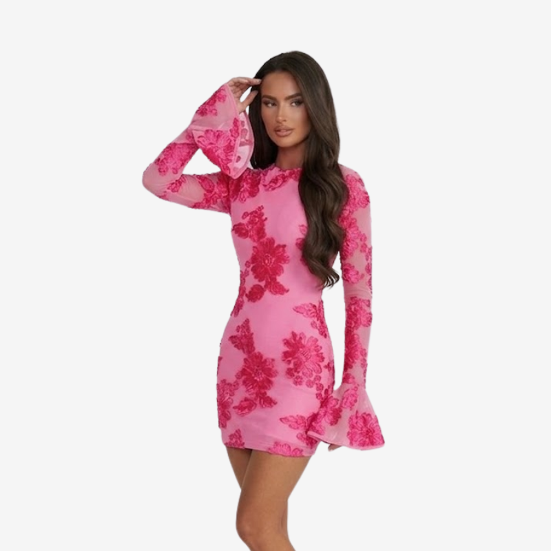 NOMU | Women's Floral Mesh Mini Dress – Elegant Long Sleeve Bodycon Party Dress