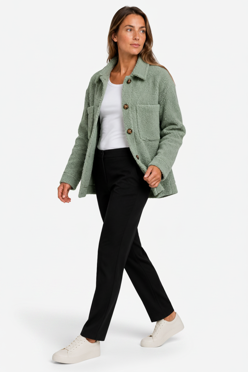 NOMU | Women's Straight Cut Mid Season Coat – Textured Fleece with Button Front and Patch Pockets