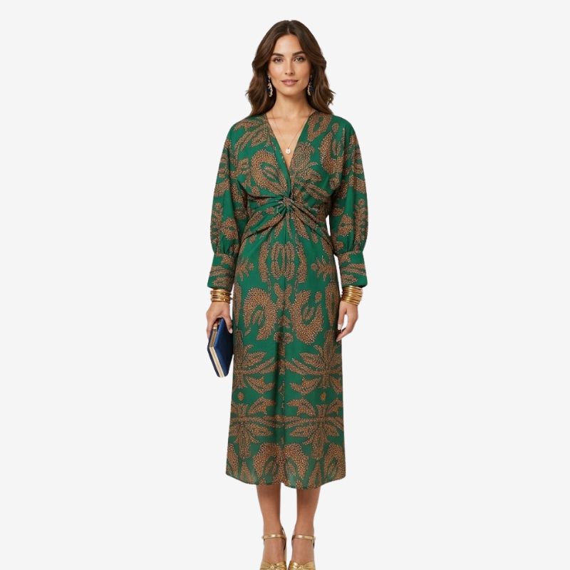 NOMU | Women's Vintage Print Twist Front Midi Dress – Elegant Long Sleeve V-Neck Dress