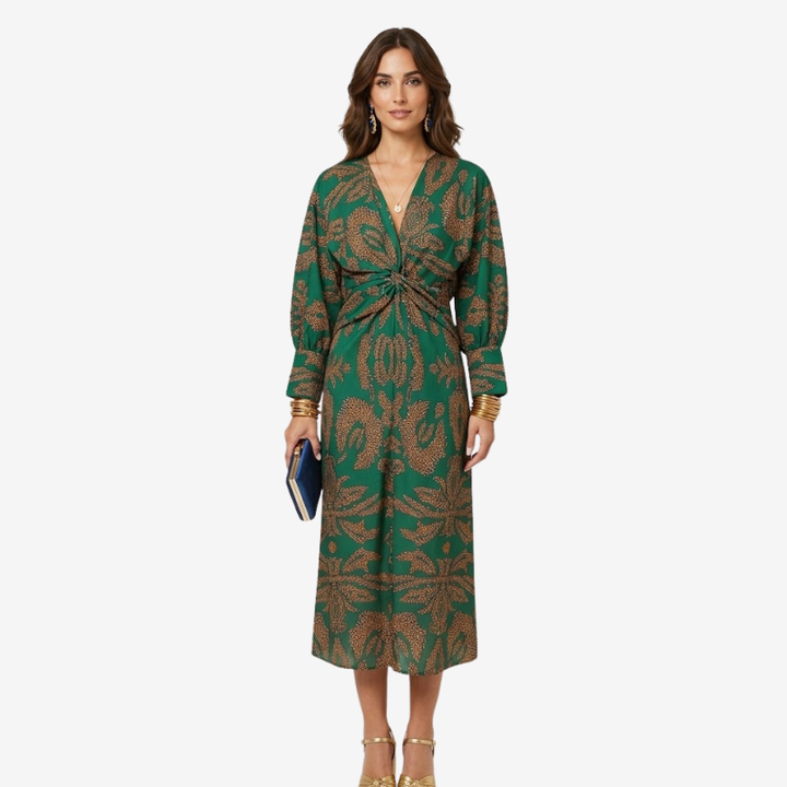 NOMU | Women's Vintage Print Twist Front Midi Dress – Elegant Long Sleeve V-Neck Dress