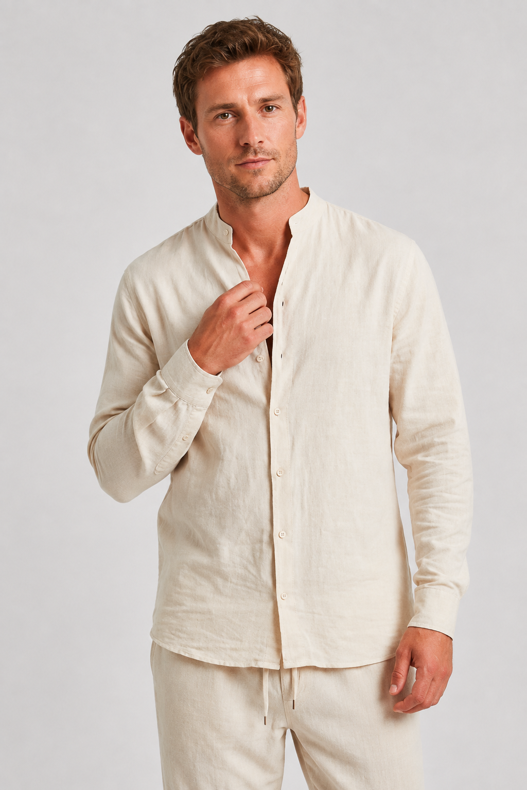 NOMU | Men's Mandarin Collar Linen Button-Down Set – Matching Pants & Drawstring Waist