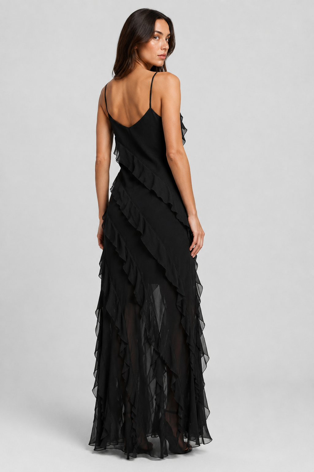 NOMU | Women's Sheer Ruffle Maxi Dress – Elegant Spaghetti Strap Evening Party Dress