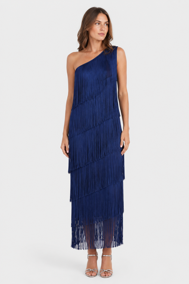 NOMU | Women's Fringe Maxi Dress – One Shoulder Layered Tassel Design