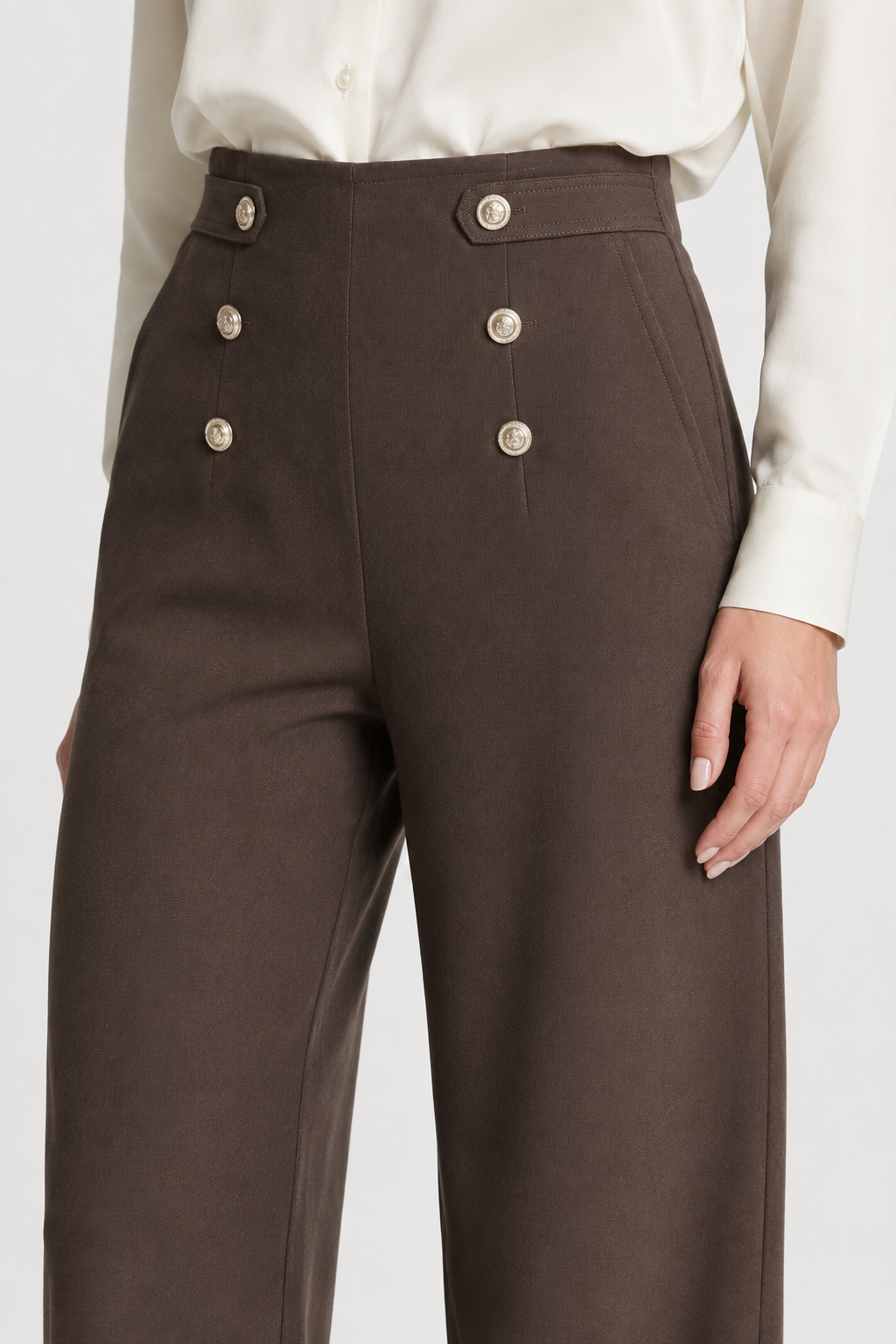 NOMU | Women's High-Waisted Wide Leg Trousers – Elegant Button Detail Palazzo Pants