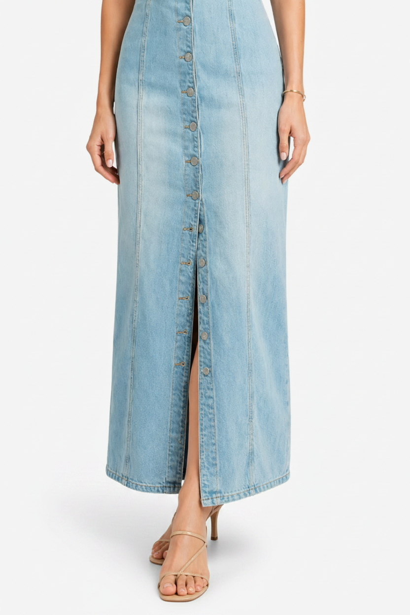 NOMU | Women's Denim Midi Dress – Sleeveless Button Front Fitted Design
