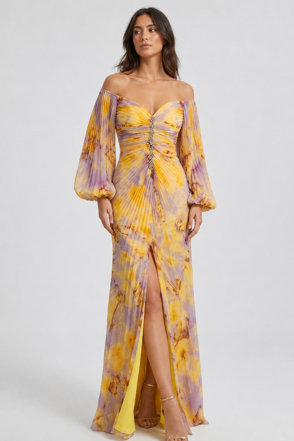 NOMU | Women's Off Shoulder Maxi Dress – Ruched Long Sleeve Split Hem Design