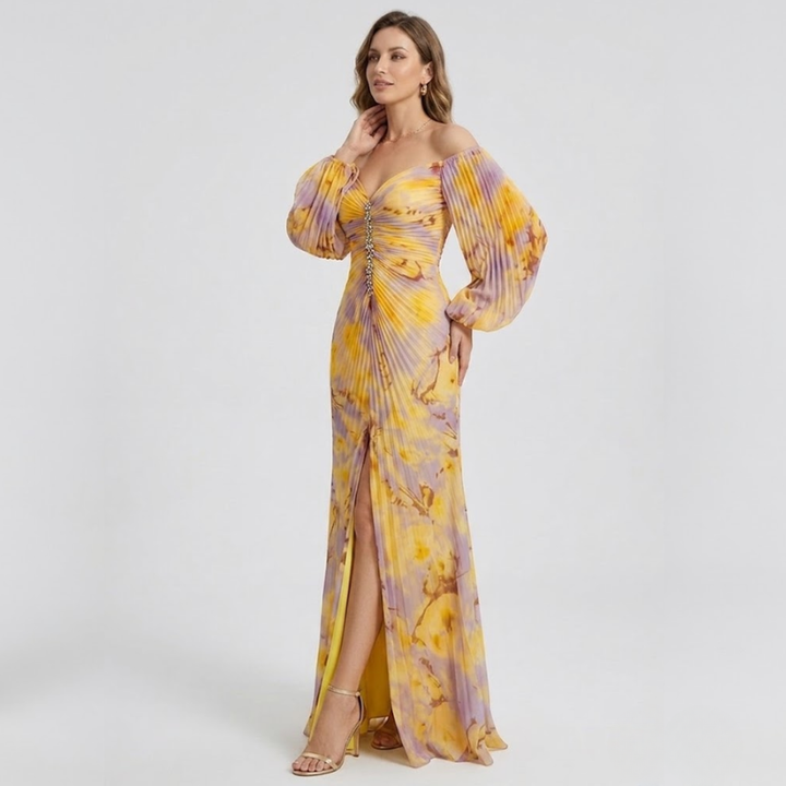 NOMU | Women's Off Shoulder Maxi Dress – Ruched Long Sleeve Split Hem Design
