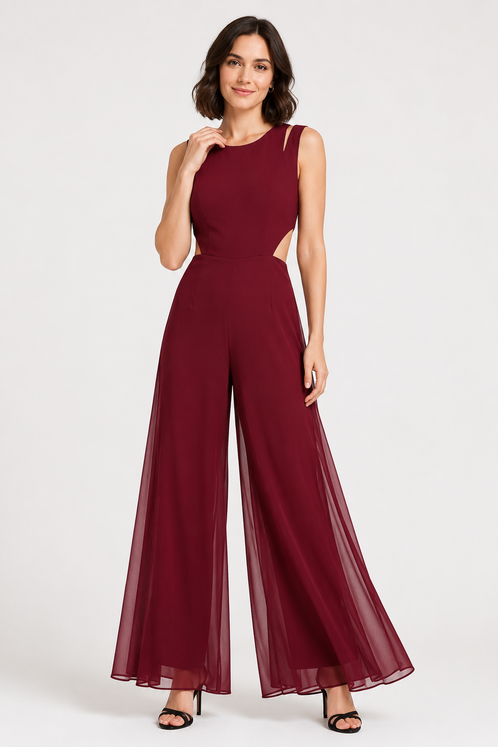 NOMU | Women's Sleeveless Wide Leg Jumpsuit – Elegant Sheer Overlay Evening Jumpsuit