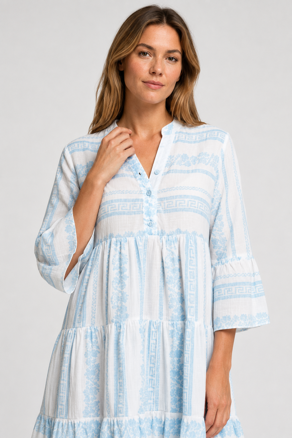 NOMU | Women's Printed Mini Dress – V Neck Button Front Tiered Loose Fit Design