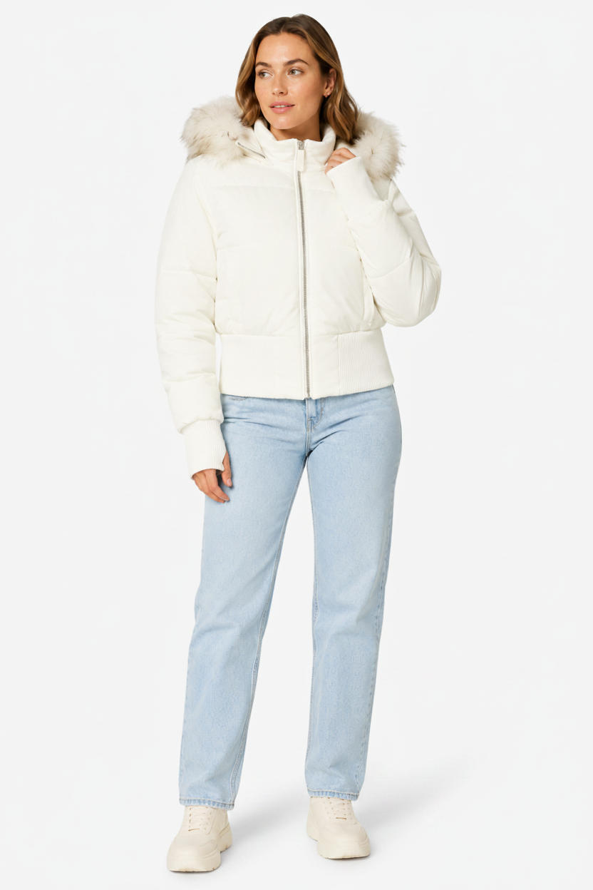 NOMU | Women's Puffer Jacket – Faux Fur Hood Ribbed Trim Zip Up Design