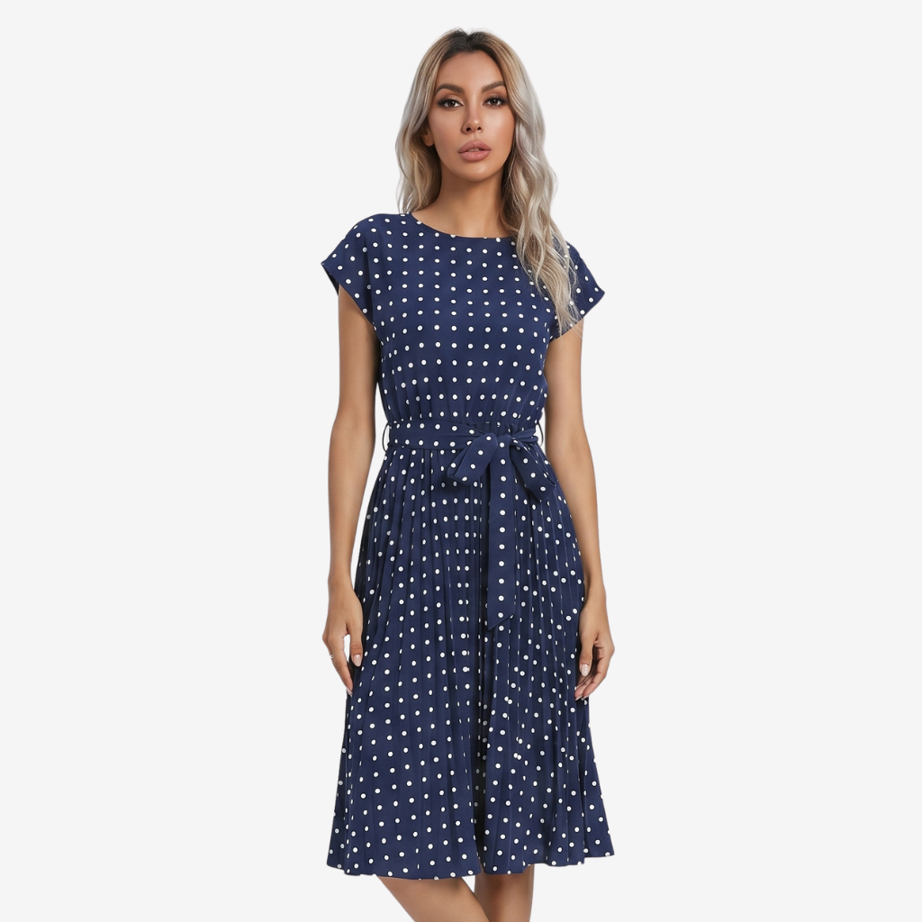NOMU | Women's Polka Dot Midi Dress – Short Sleeve Tie Waist Pleated Design