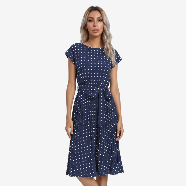 NOMU | Women's Polka Dot Midi Dress – Short Sleeve Tie Waist Pleated Design