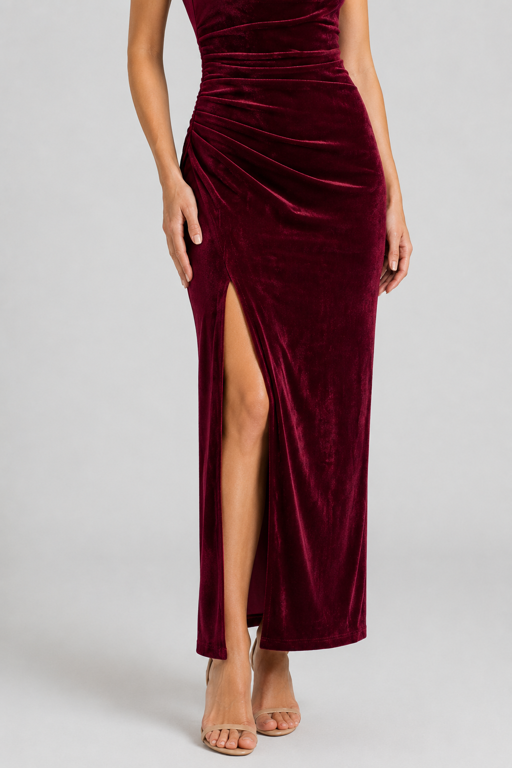 NOMU | Women's Velvet Cowl Neck Midi Dress – Elegant Sleeveless Slit Evening Gown